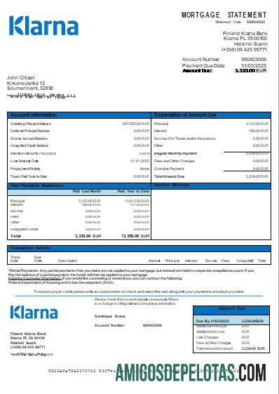 Finlândia Klarna Bank Declaração de hipoteca bancária Scr modelo